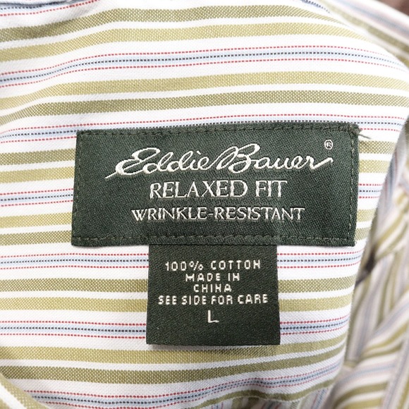 EDDIE BAUER RELAXED FIT WRINKLE RESISTANT GREEN STRIPED BUTTON DOWN SHIRT MENS L - Picture 8 of 8